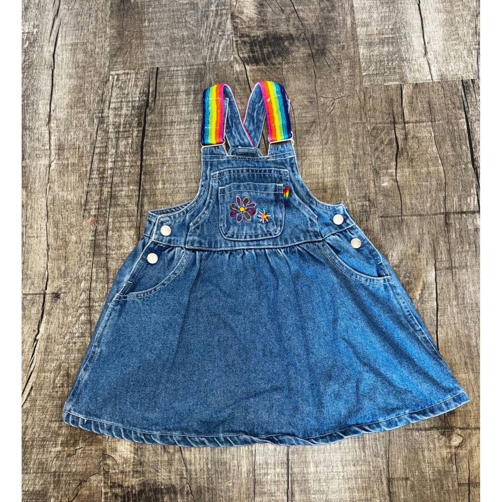 Vintage Girls‎ Denim Jumper Dress Rainbow Straps Floral Embroidery Blue Jean 24m